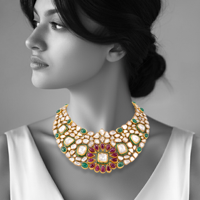 Emerald Cabochon Necklace with Polki and Ruby Floral Motif